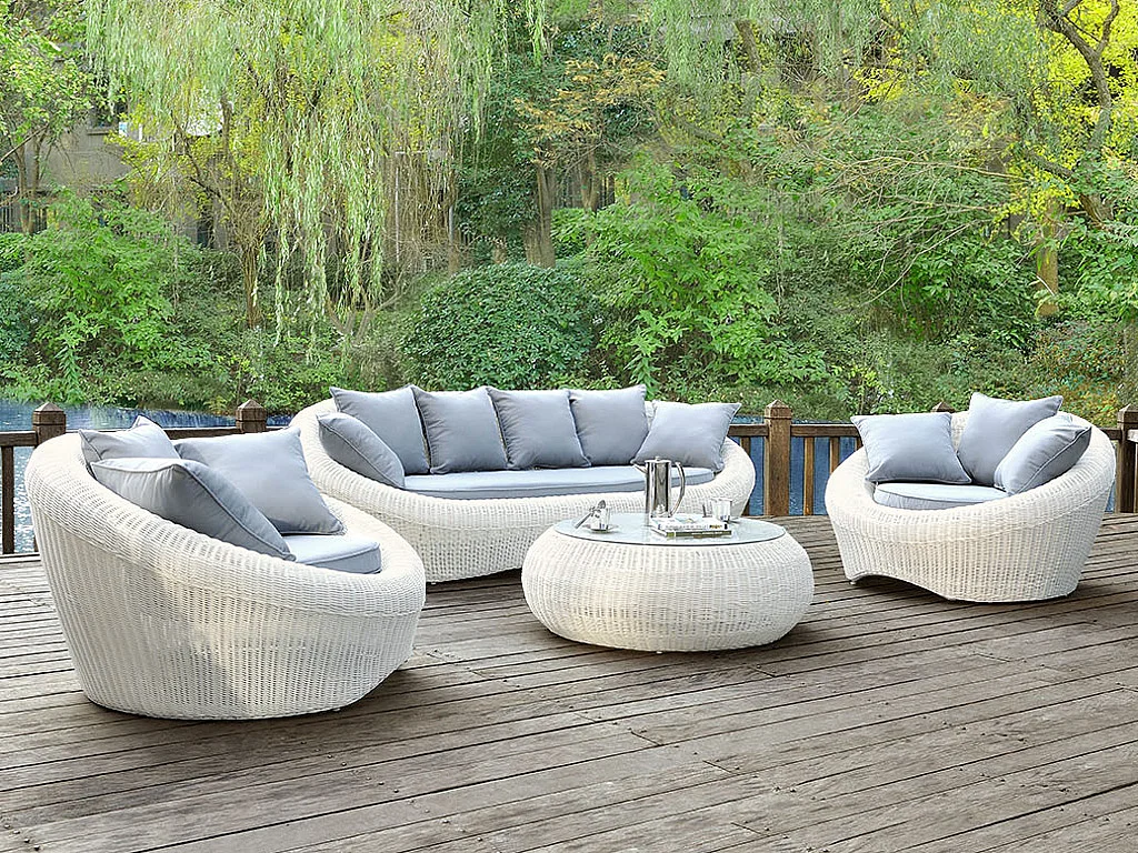 Salotto da giardino in resina intrecciata avorio: divano, 2 poltrone e tavolino - WHITEHEAVEN