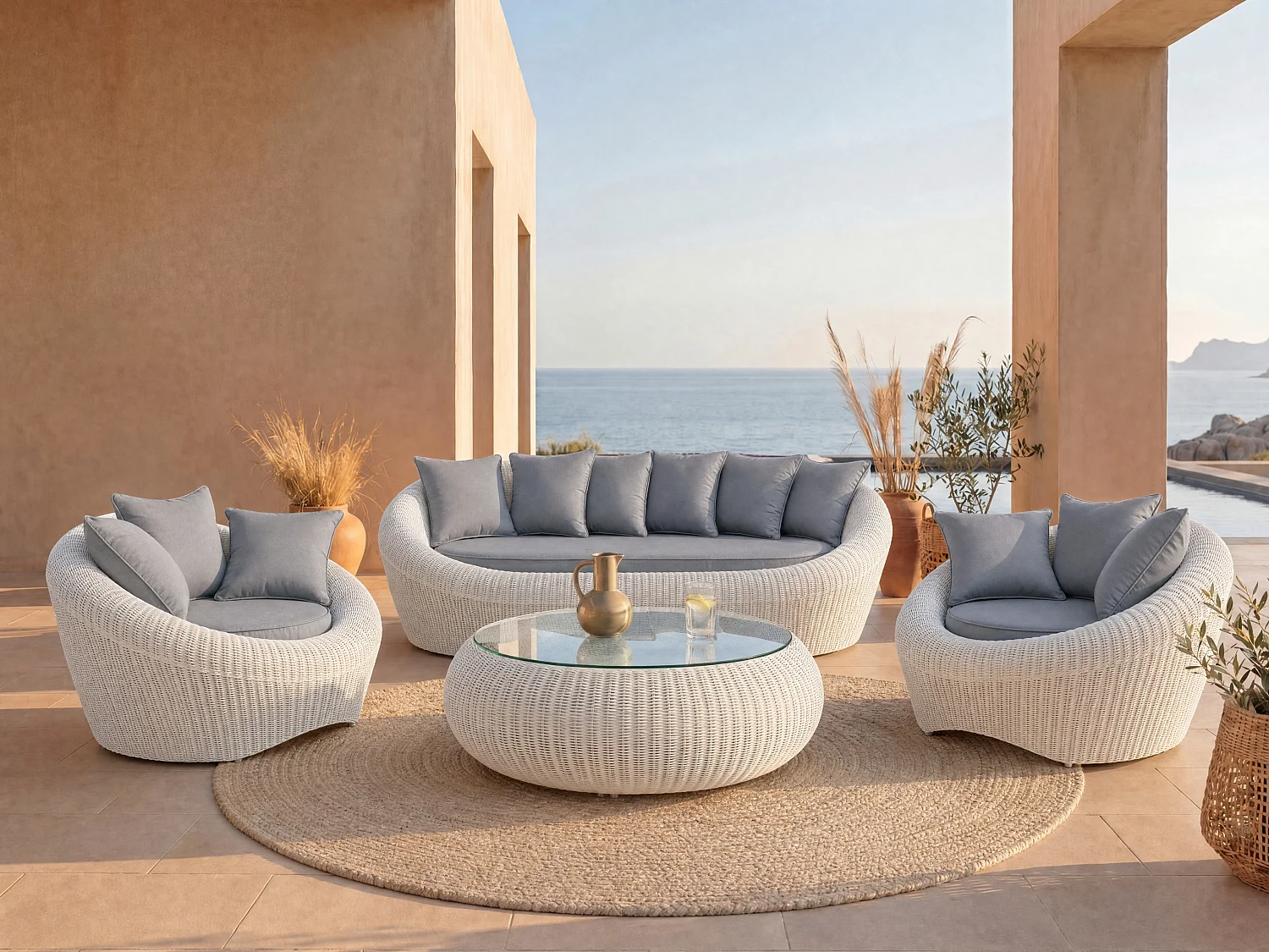 Salon de jardin en résine tressée ivoire : canapé, 2 fauteuils et table basse - WHITEHEAVEN de MYLIA