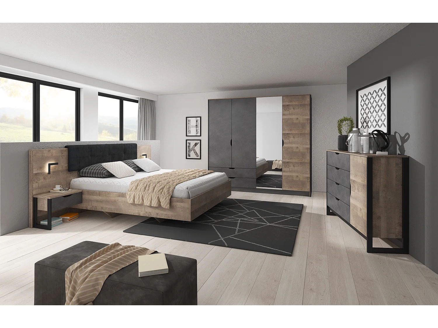 Armadio ad ante battenti ARDEN LED 220x57x205 Crema & Grigio