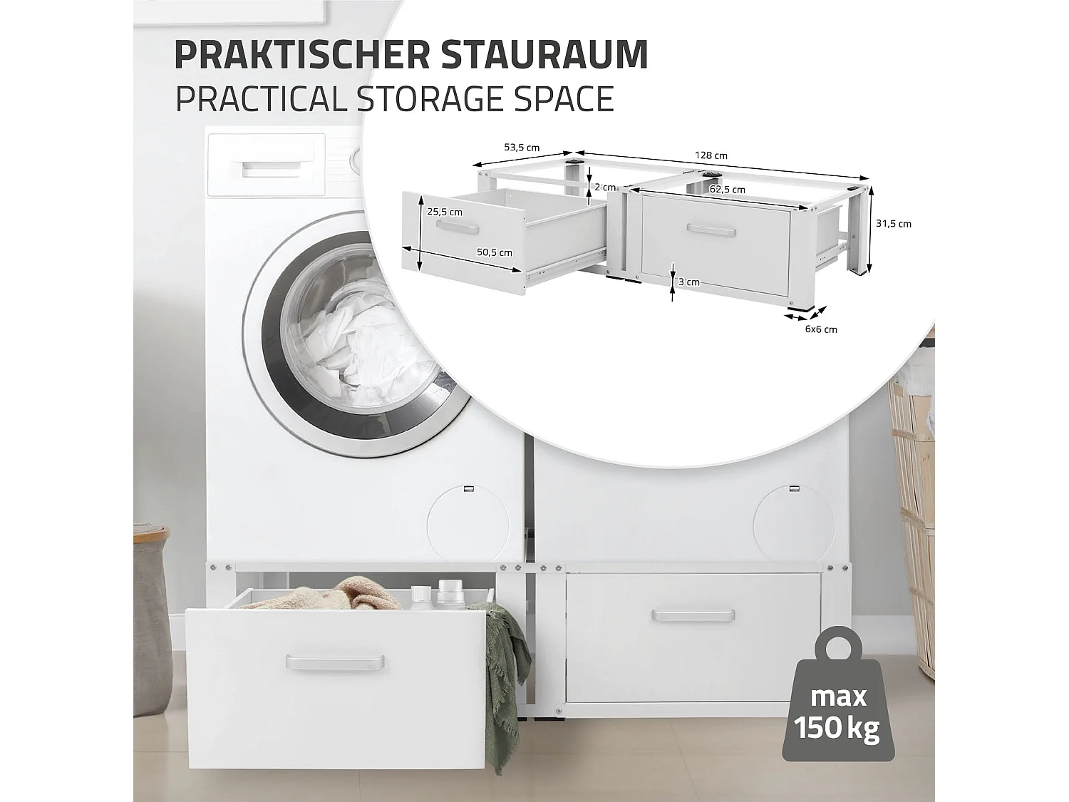 Zoccolo lavatrice doppio con cassetti base asciugatrice bianco ML-DESIGN