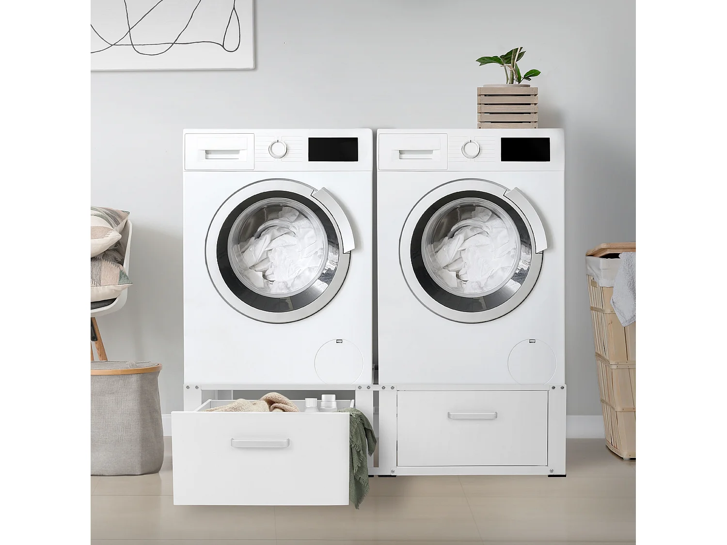 Zoccolo lavatrice doppio con cassetti base asciugatrice bianco ML-DESIGN