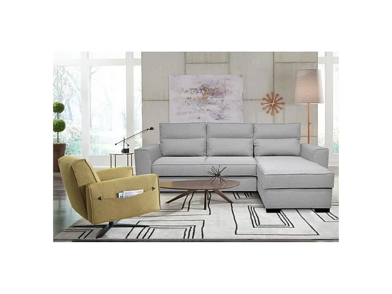 Canapé angle convertible réversible 4 places MONTREAL - Tissu gris clair - L 247 x P 158 x H 92 cm