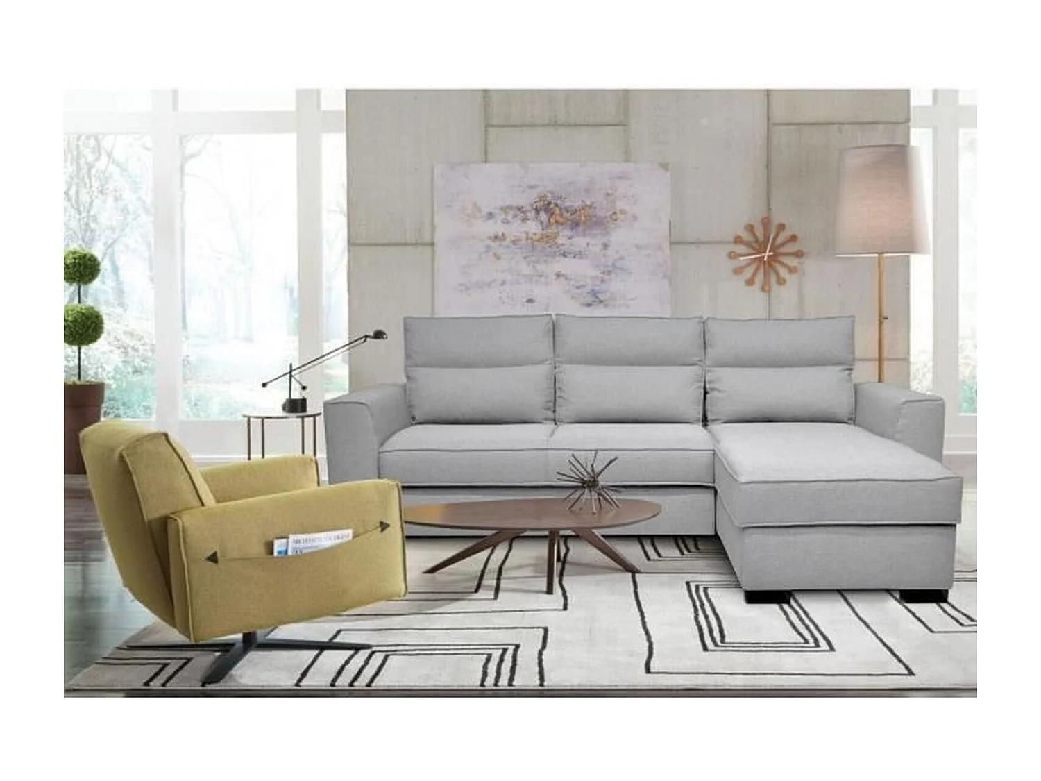 Canapé angle convertible réversible 4 places MONTREAL - Tissu gris clair - L 247 x P 158 x H 92 cm