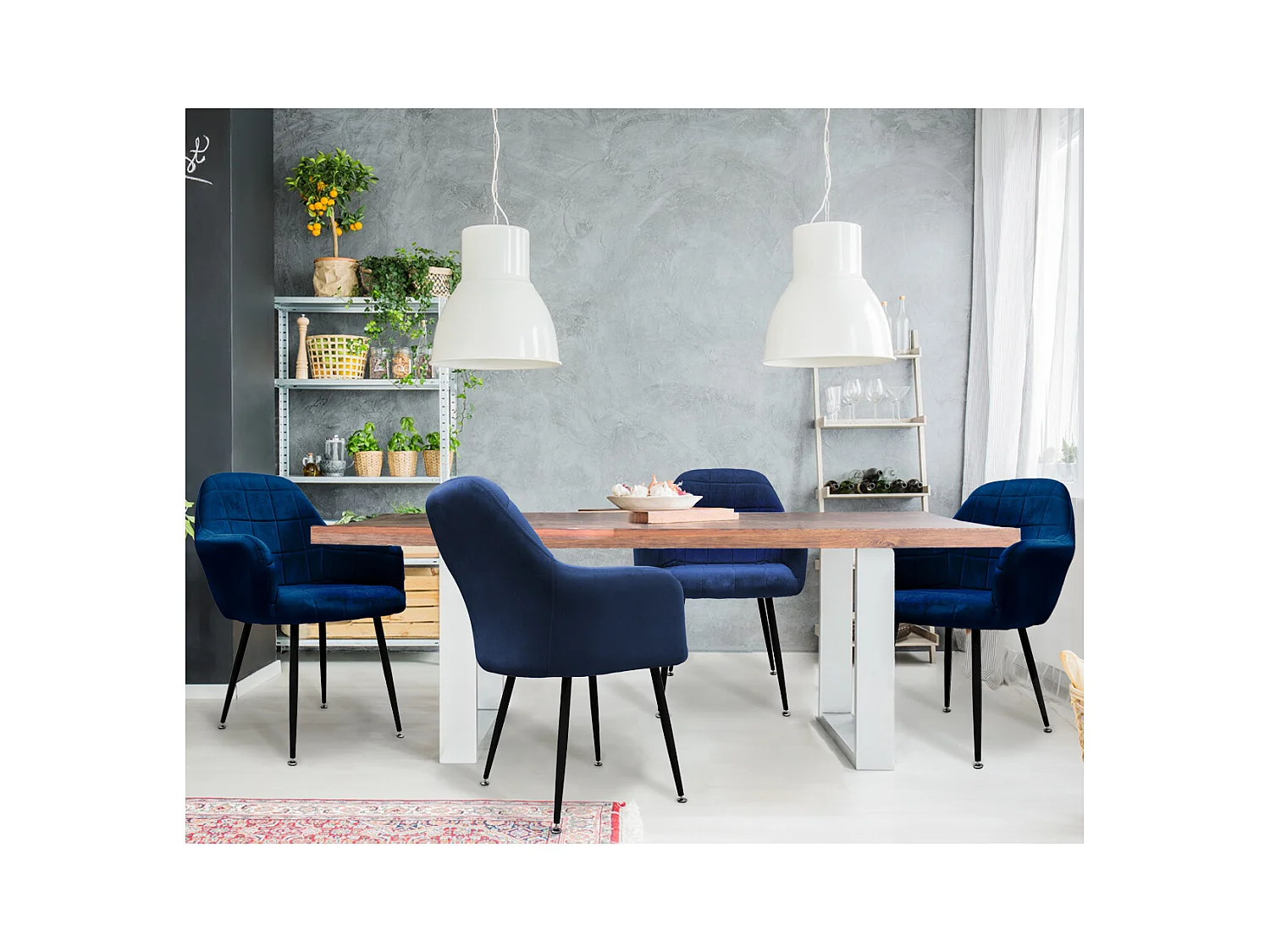 Conjunto de 4 sillas de comedor retro efecto terciopelo azul oscuro altura regulable
