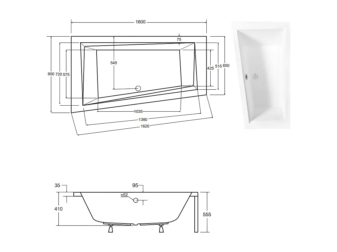 Baignoire d'angle GAUCHE INTIMA 150 ou 160 cm AVEC TABLIER - Dimensions: 160cm