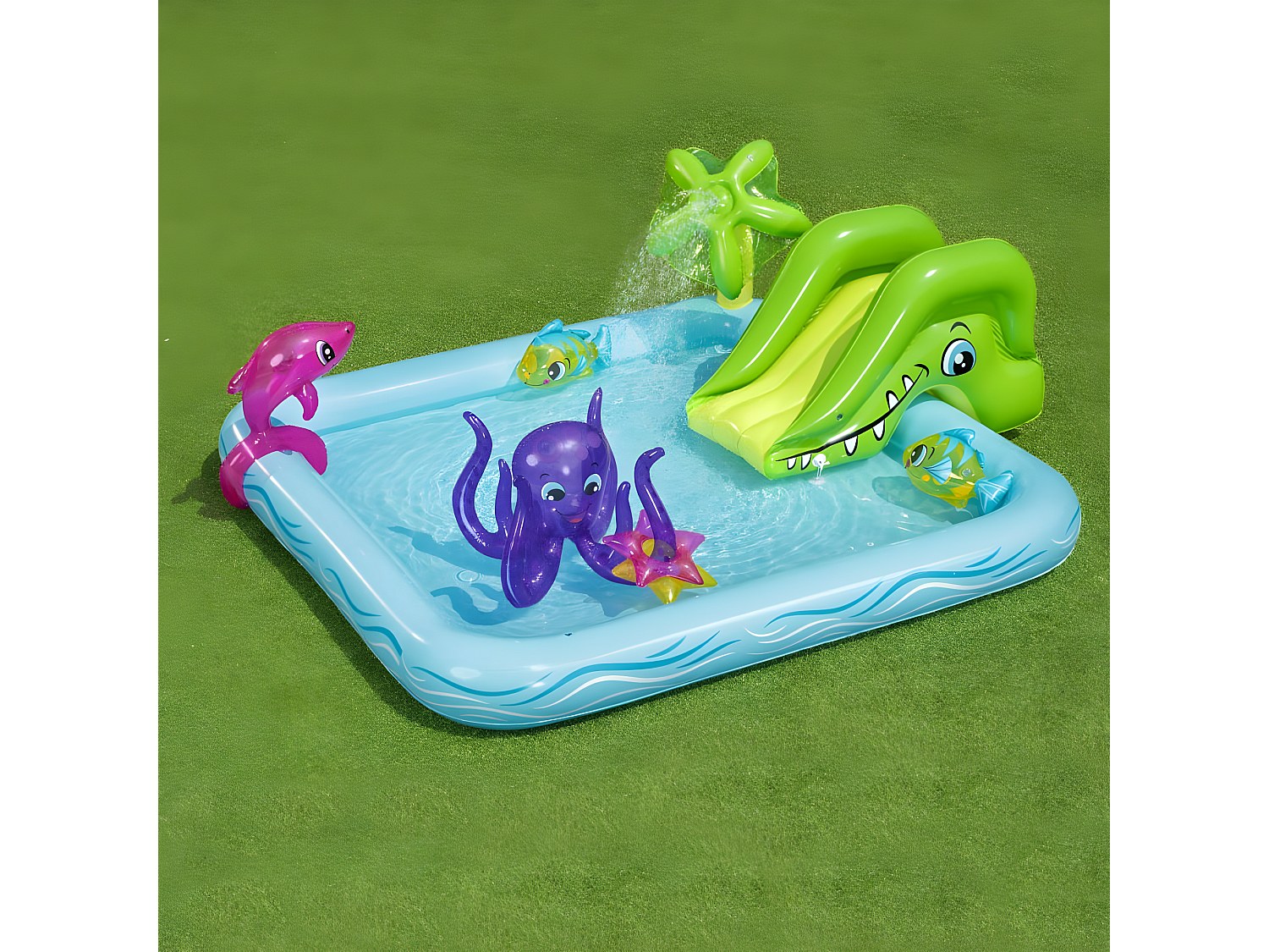 VidaXL Piscina hinchable Fantastic Aquarium Bestway tobogán + rociador de agua multicolor 86x239x206 cm