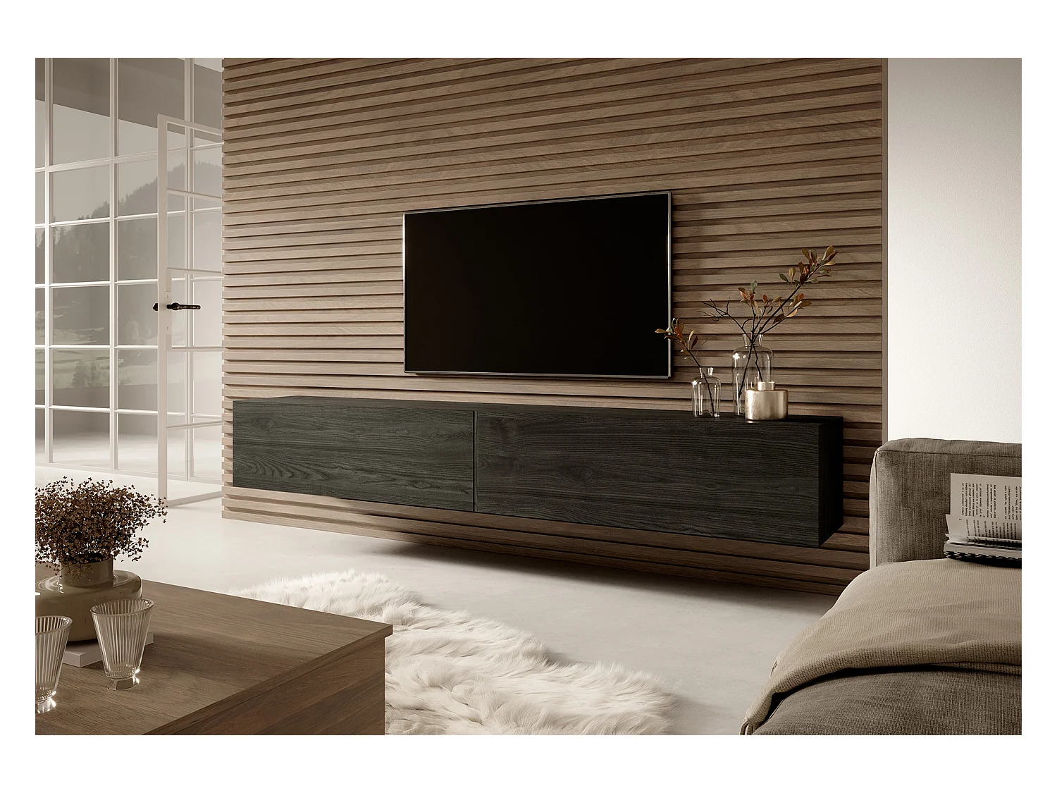 Meuble TV 200 cm - Frêne noir - BISIRA