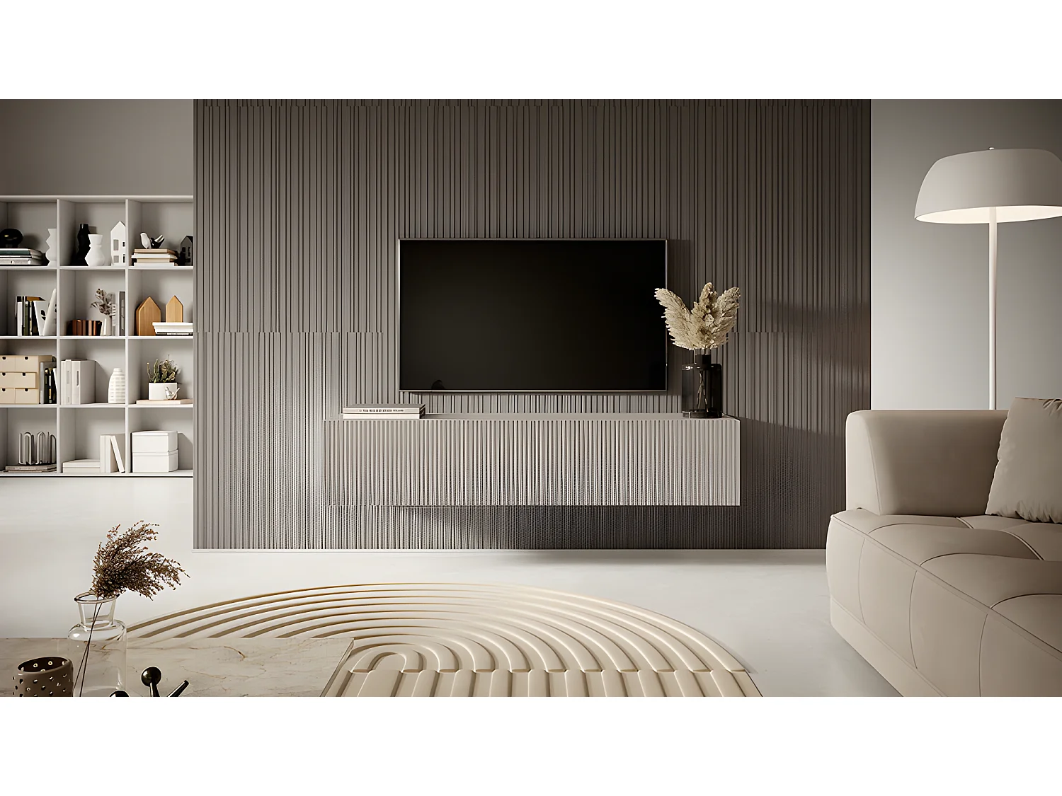 TV-meubel - 140 cm - grijsbeige kleur met gefreesd front - VELDIO