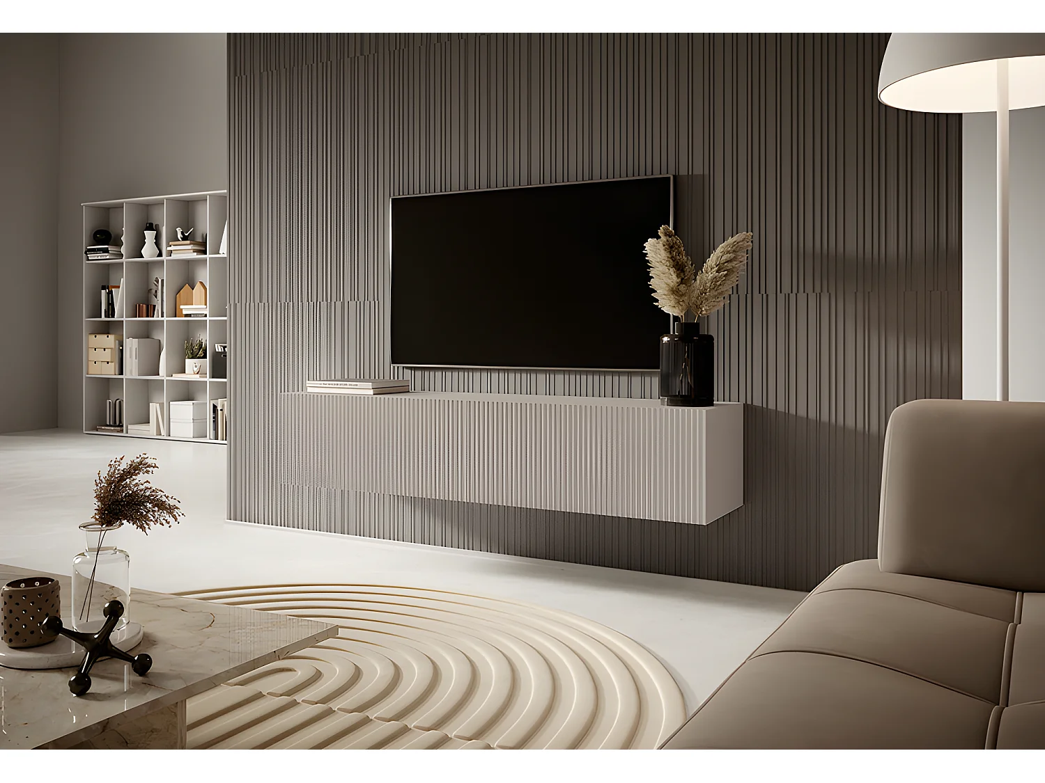 TV-meubel - 140 cm - grijsbeige kleur met gefreesd front - VELDIO