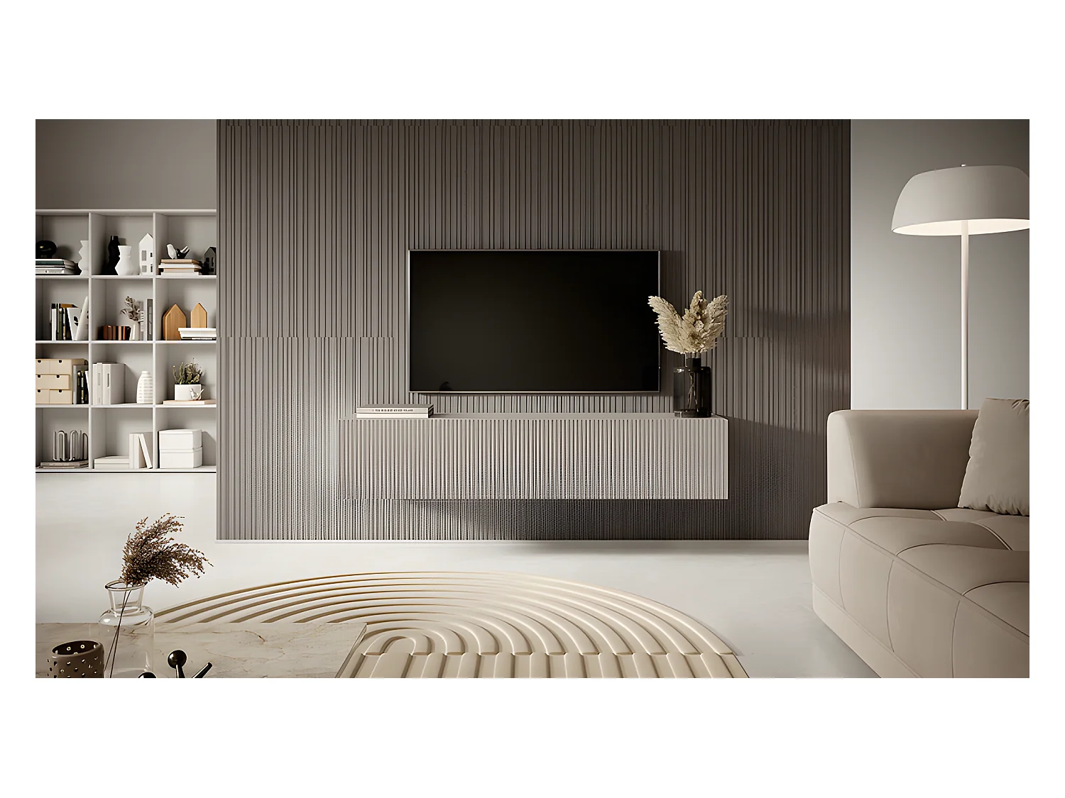 Meuble TV suspendu - 140 cm - gris-beige avec façade fraisée - VELDIO
