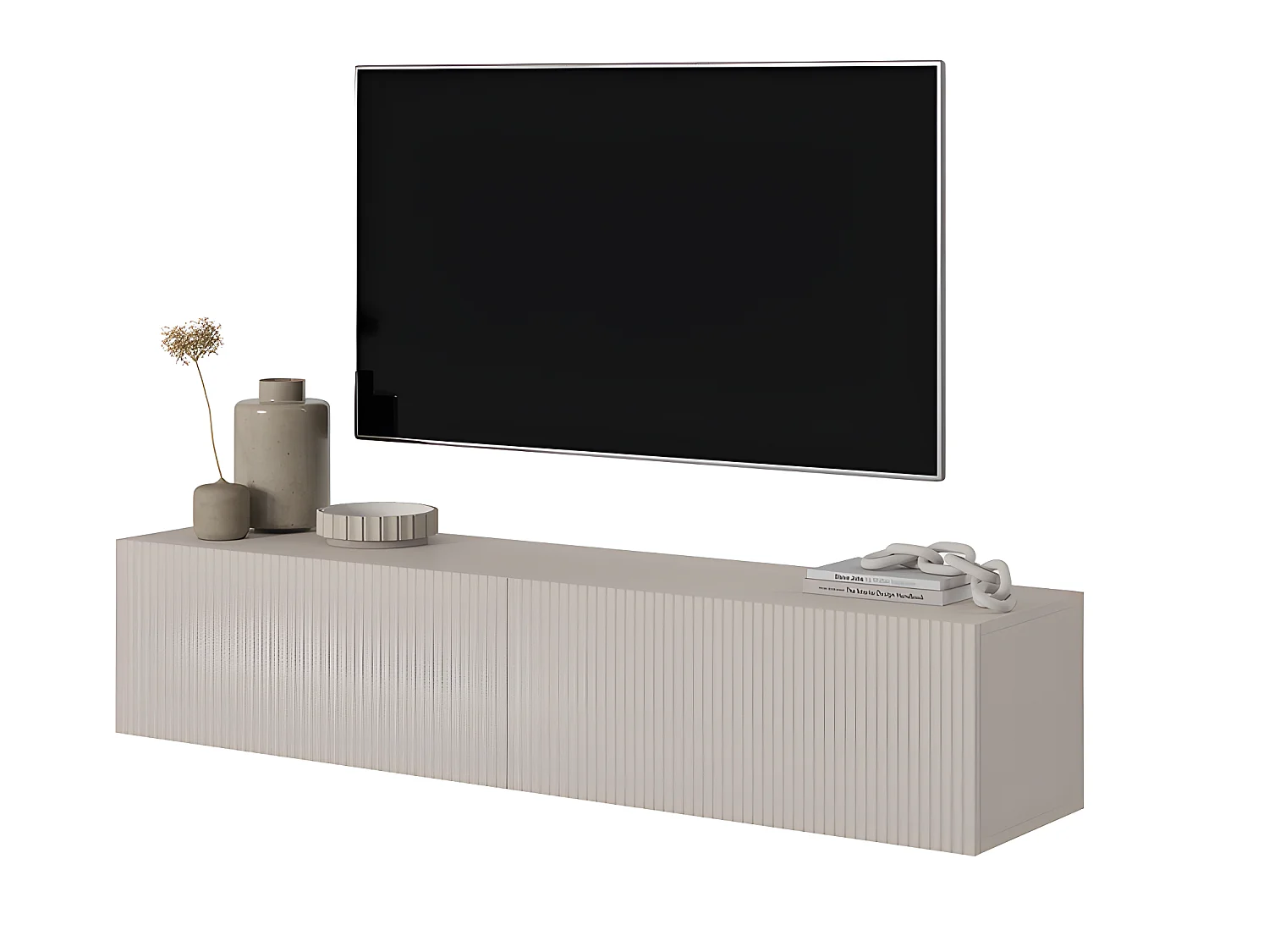 Meuble TV suspendu - 140 cm - gris-beige avec façade fraisée - VELDIO