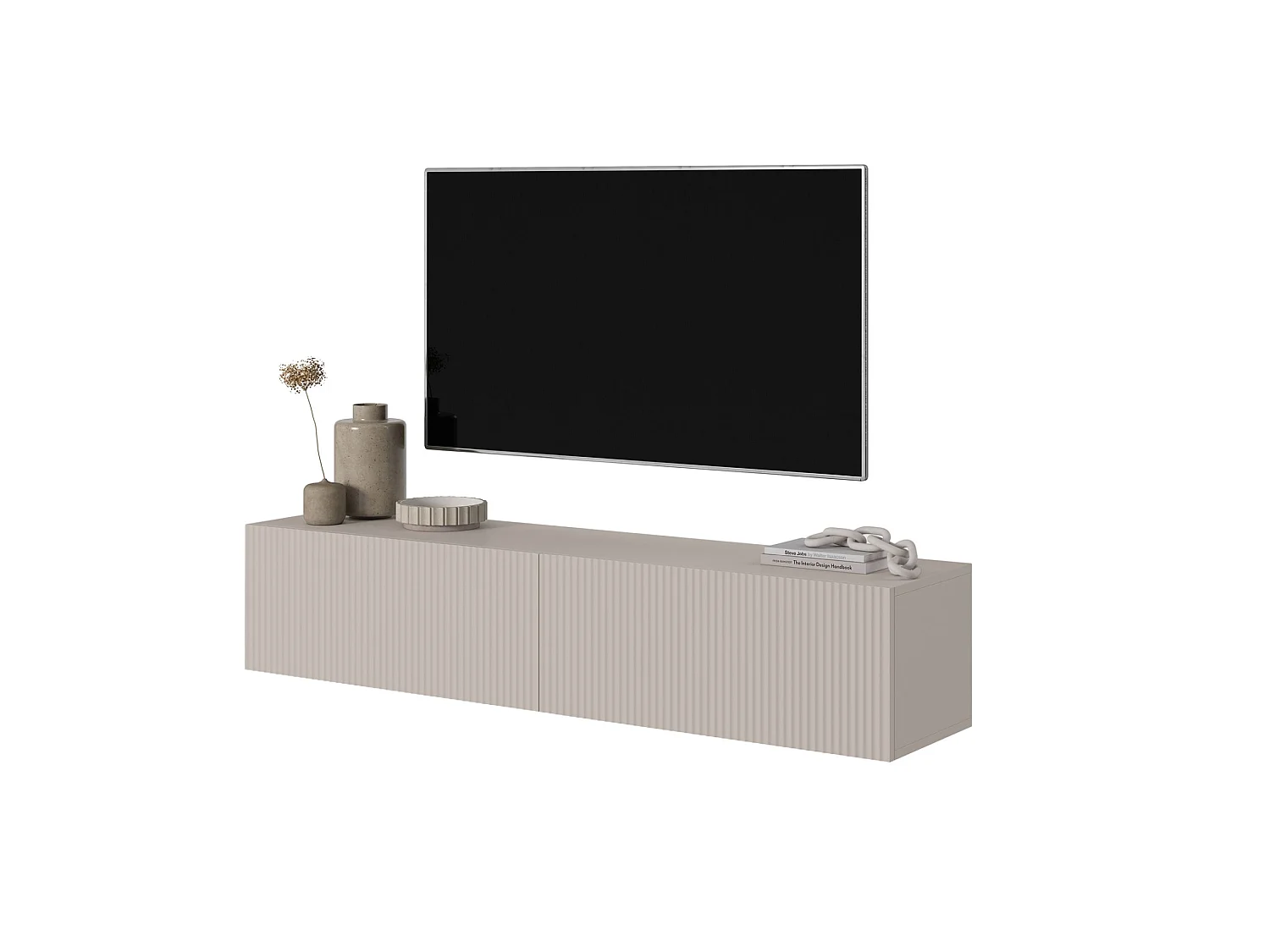 Meuble TV suspendu - 140 cm - gris-beige avec façade fraisée - VELDIO