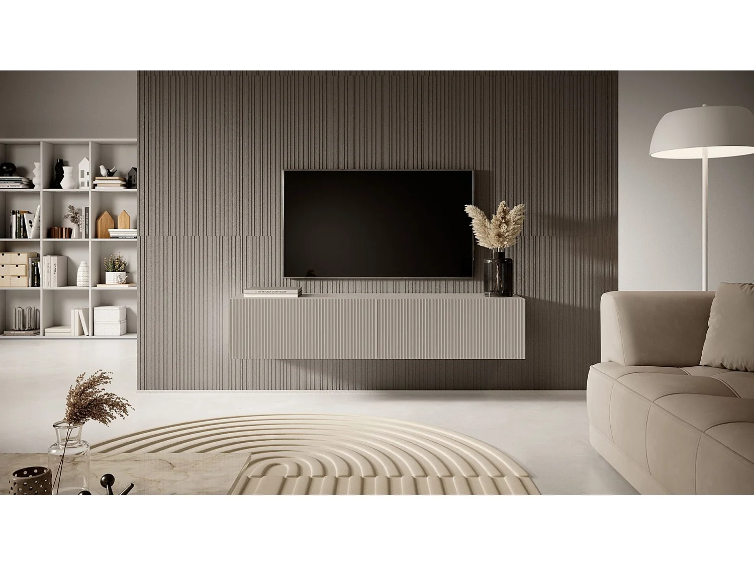 Meuble TV suspendu - 140 cm - gris-beige avec façade fraisée - VELDIO