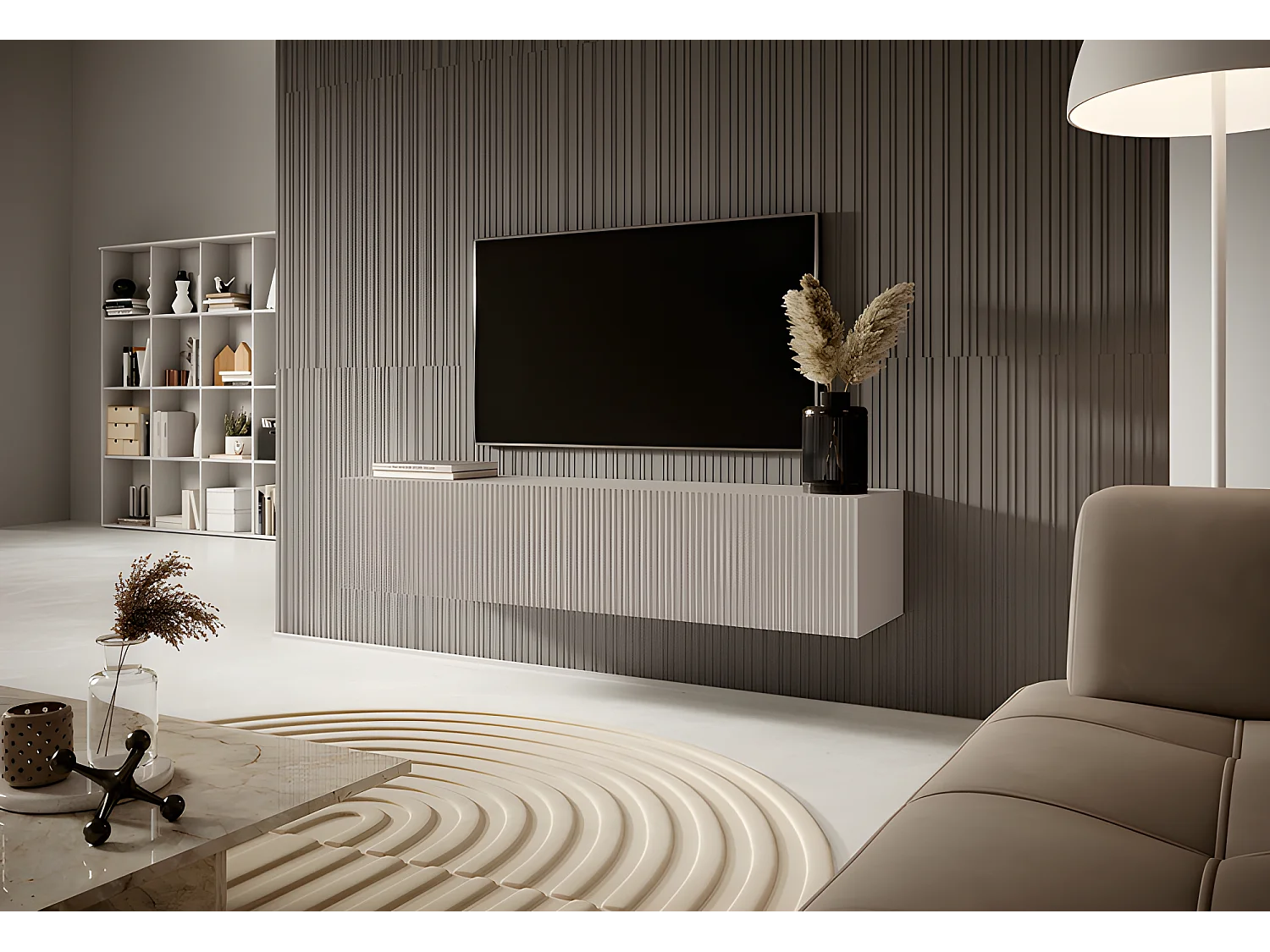 TV-meubel - 140 cm - grijsbeige kleur met gefreesd front - VELDIO