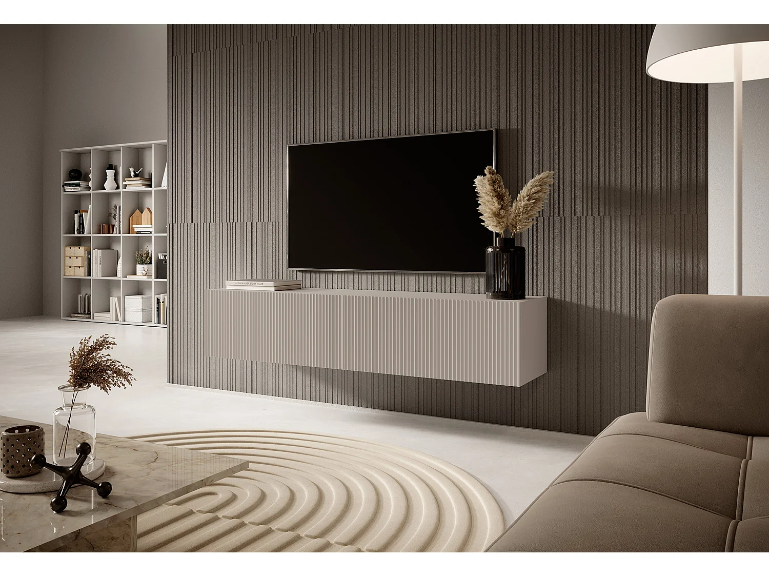 Meuble TV suspendu - 140 cm - gris-beige avec façade fraisée - VELDIO
