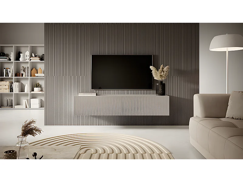 Mobile TV con frontali a doghe grigio-beige, 140 cm - Veldio