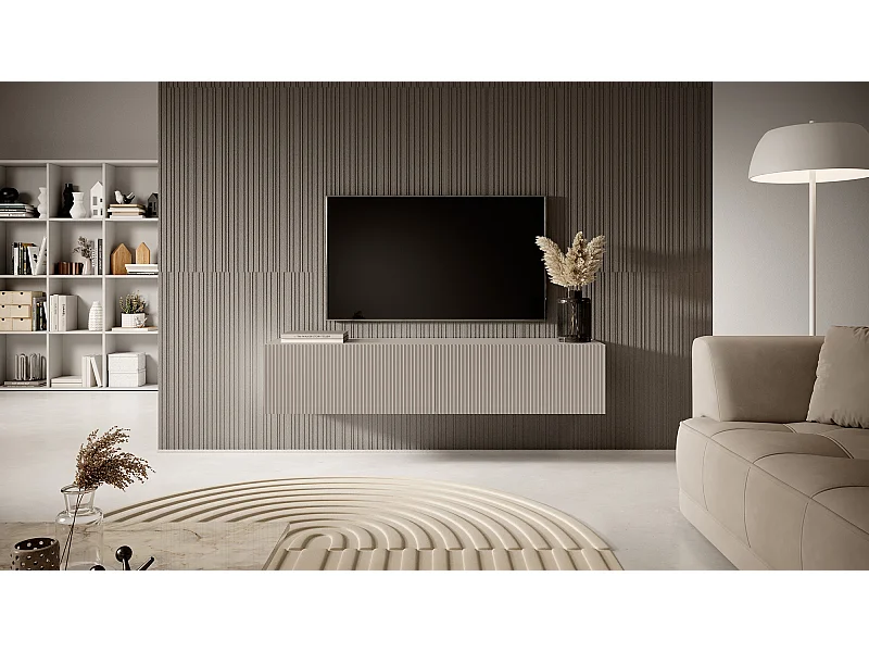 Mobile TV con frontali a doghe grigio-beige, 140 cm - Veldio