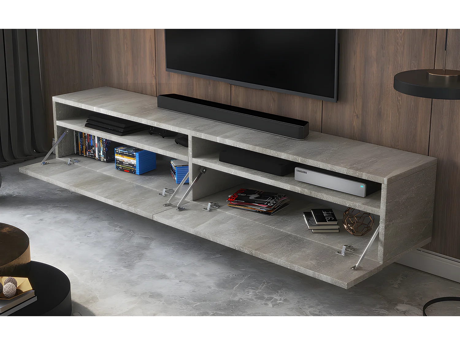TV-Schrank / TV-Board stehend / hängend, 180 cm breit (Betonoptik Matt ohne LED) - Rednaw