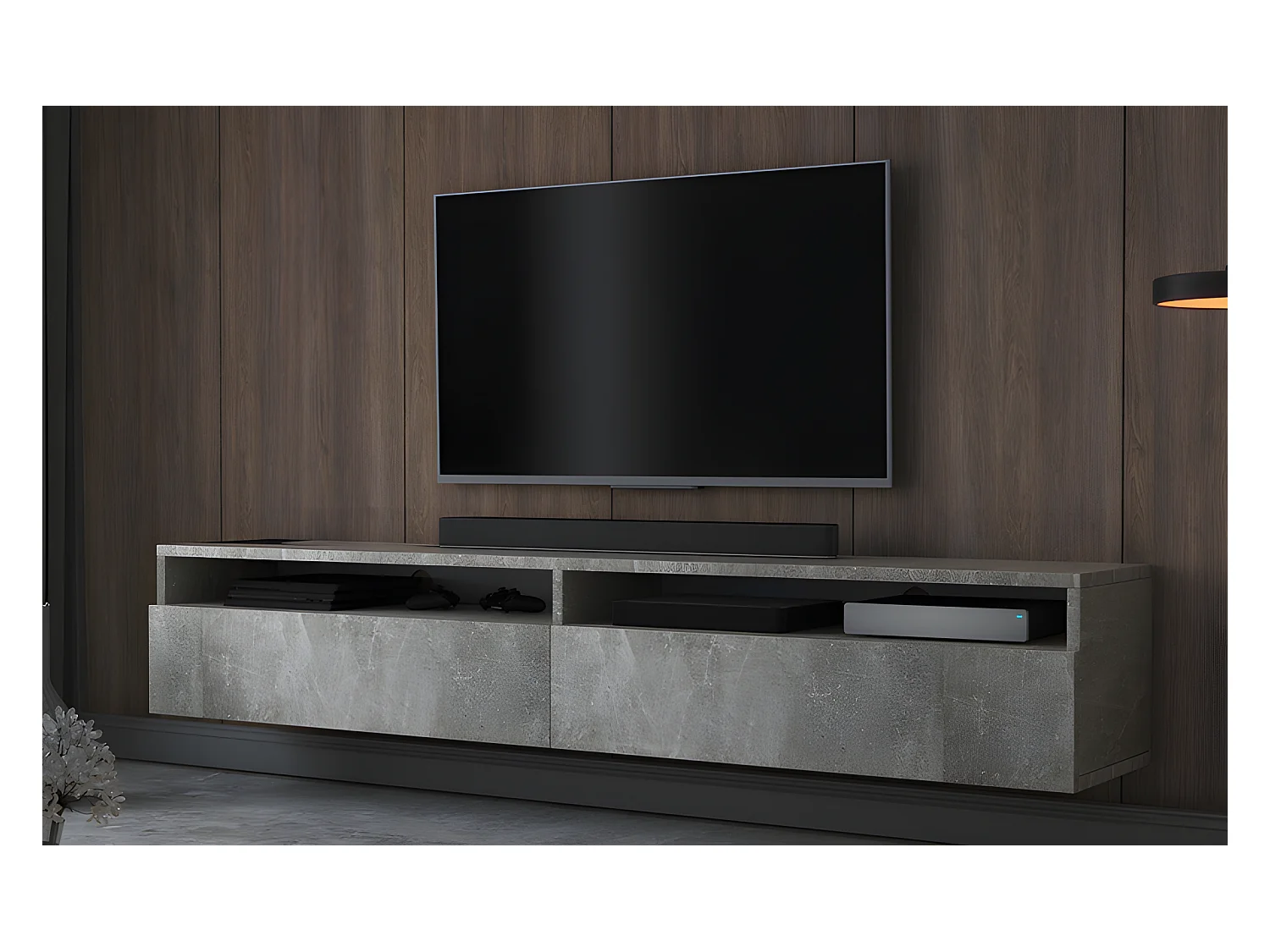 Meuble TV - 180 cm - gris béton - 2 niches ouvertes - avec 2 tiroirs - REDNAW