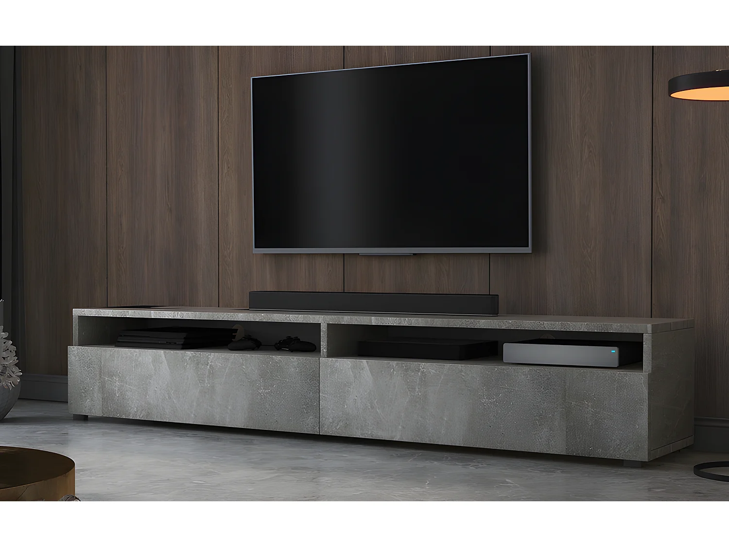 Meuble TV - 180 cm - gris béton - 2 niches ouvertes - avec 2 tiroirs - REDNAW