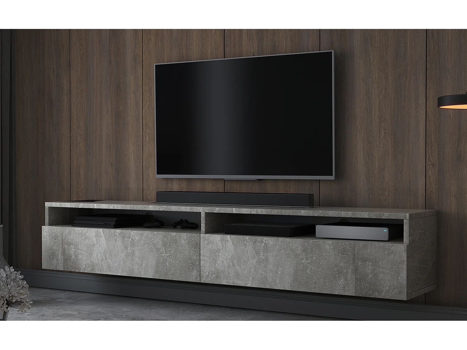 TV-meubel - 180 cm - betongrijs - 2 open nissen - met 2 lades - REDNAW