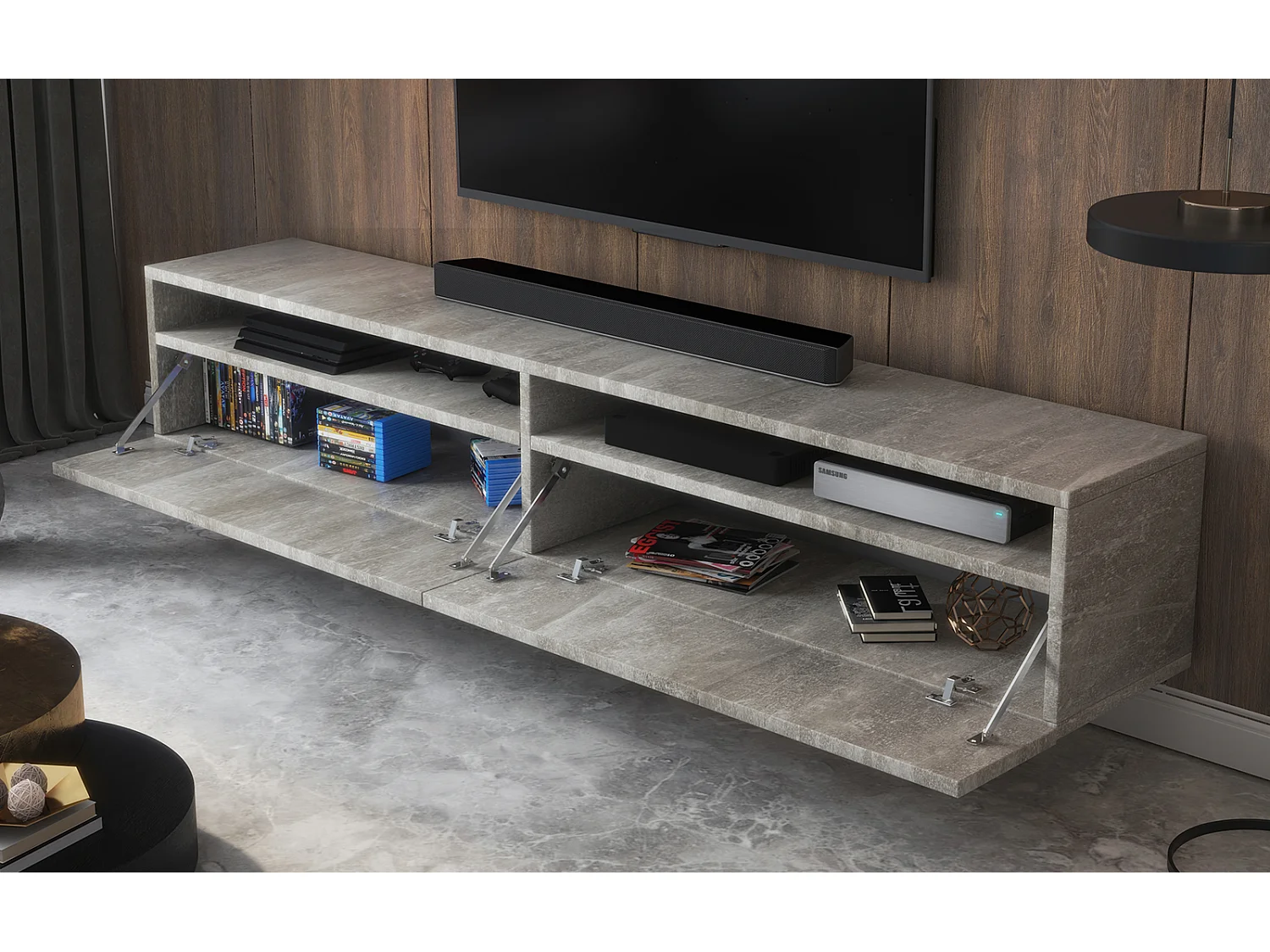 TV-meubel - 180 cm - betongrijs - 2 open nissen - met 2 lades - REDNAW