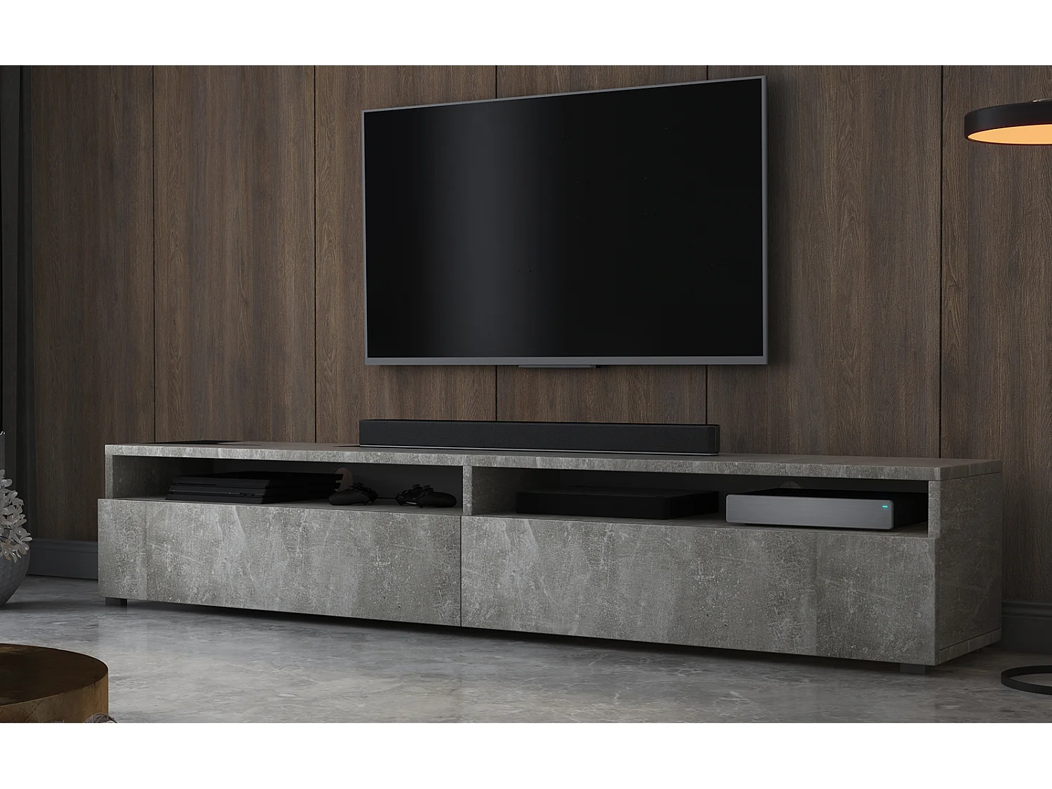 TV-meubel - 180 cm - betongrijs - 2 open nissen - met 2 lades - REDNAW