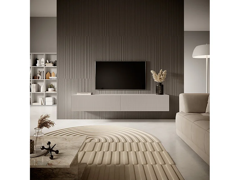 Meuble TV suspendu - 175 cm - gris-beige avec façade fraisée - VELDIO