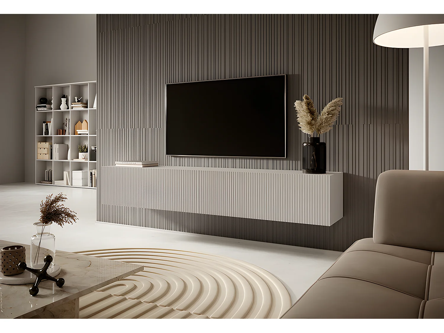 TV-Möbel 175 cm graubeige mit gefräster Front - Veldio