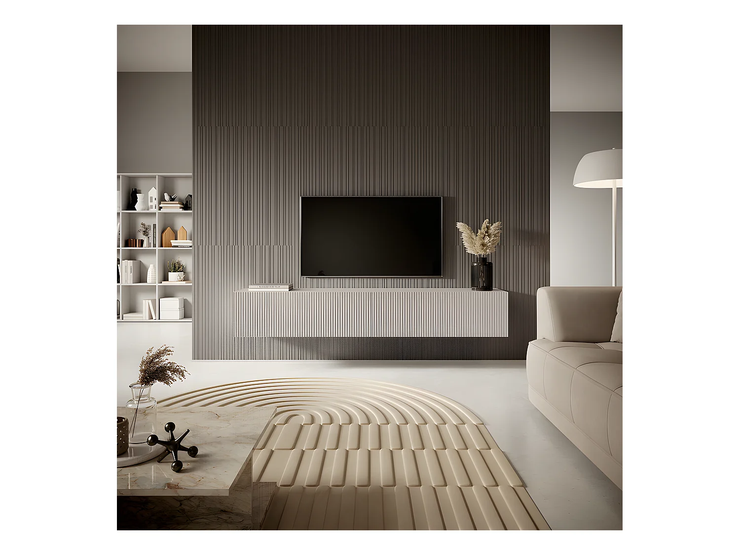 Meuble TV suspendu - 175 cm - gris-beige avec façade fraisée - VELDIO