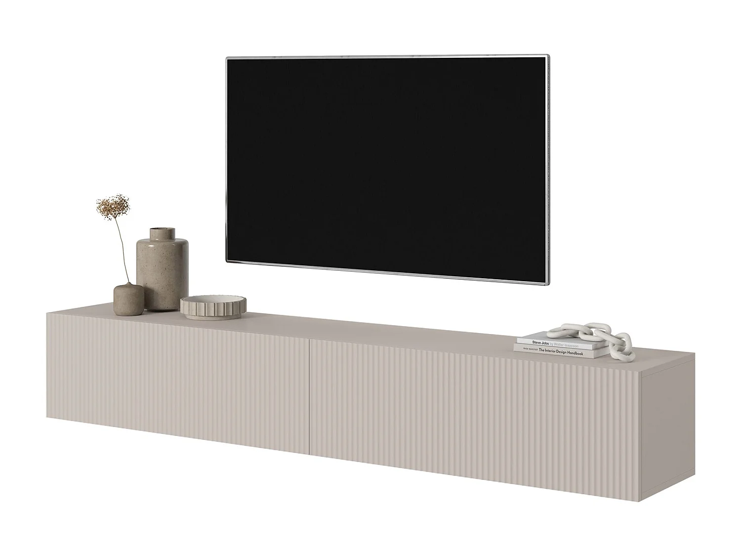 Meuble TV suspendu - 175 cm - gris-beige avec façade fraisée - VELDIO