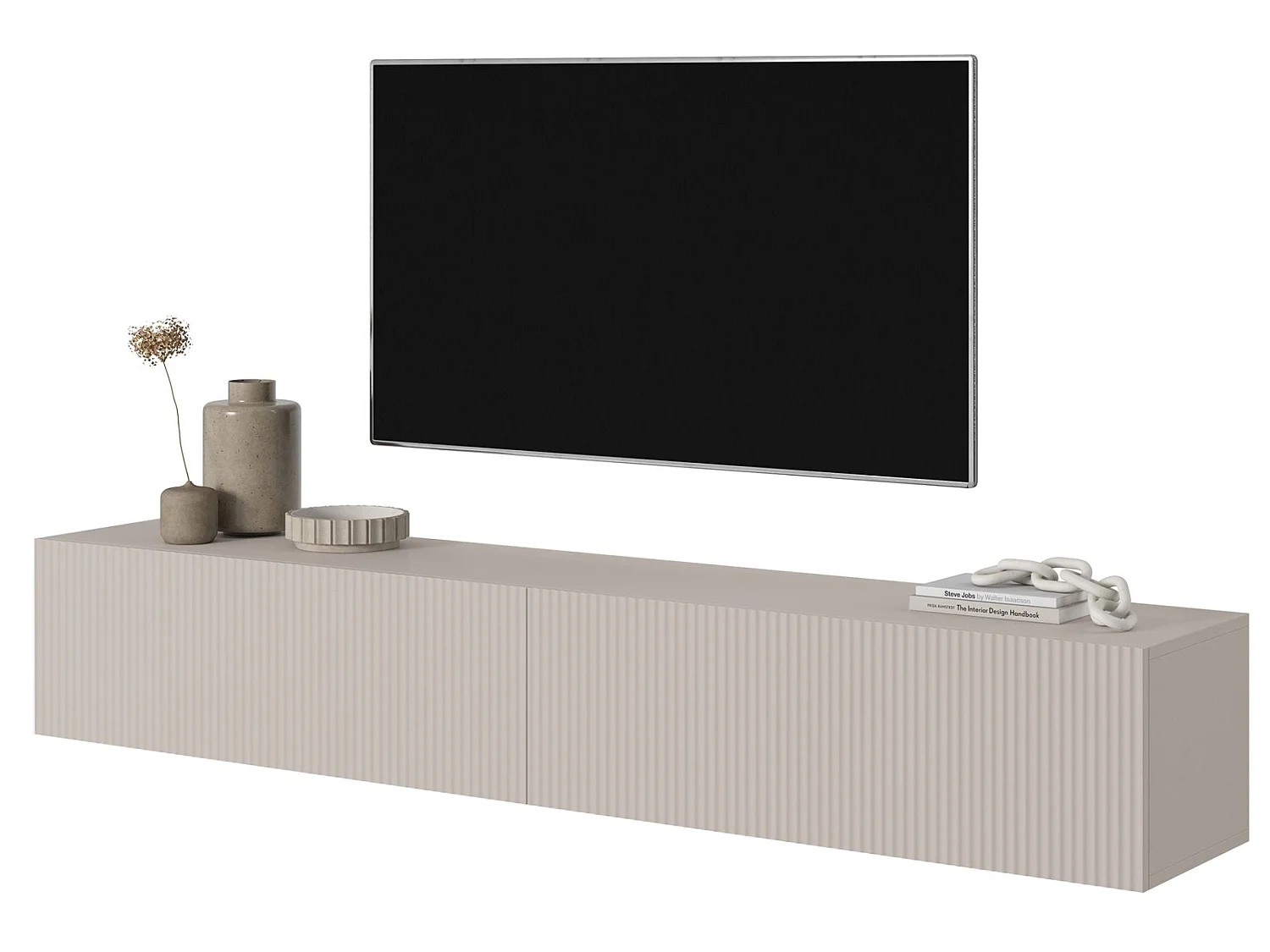 Meuble TV suspendu - 175 cm - gris-beige avec façade fraisée - VELDIO