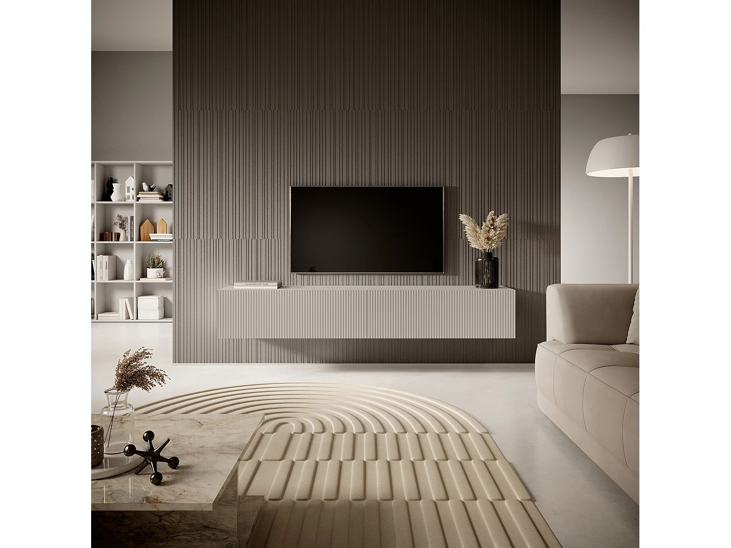 Meuble TV suspendu - 175 cm - gris-beige avec façade fraisée - VELDIO