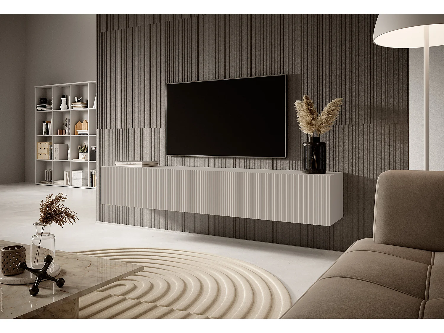 Meuble TV suspendu - 175 cm - gris-beige avec façade fraisée - VELDIO