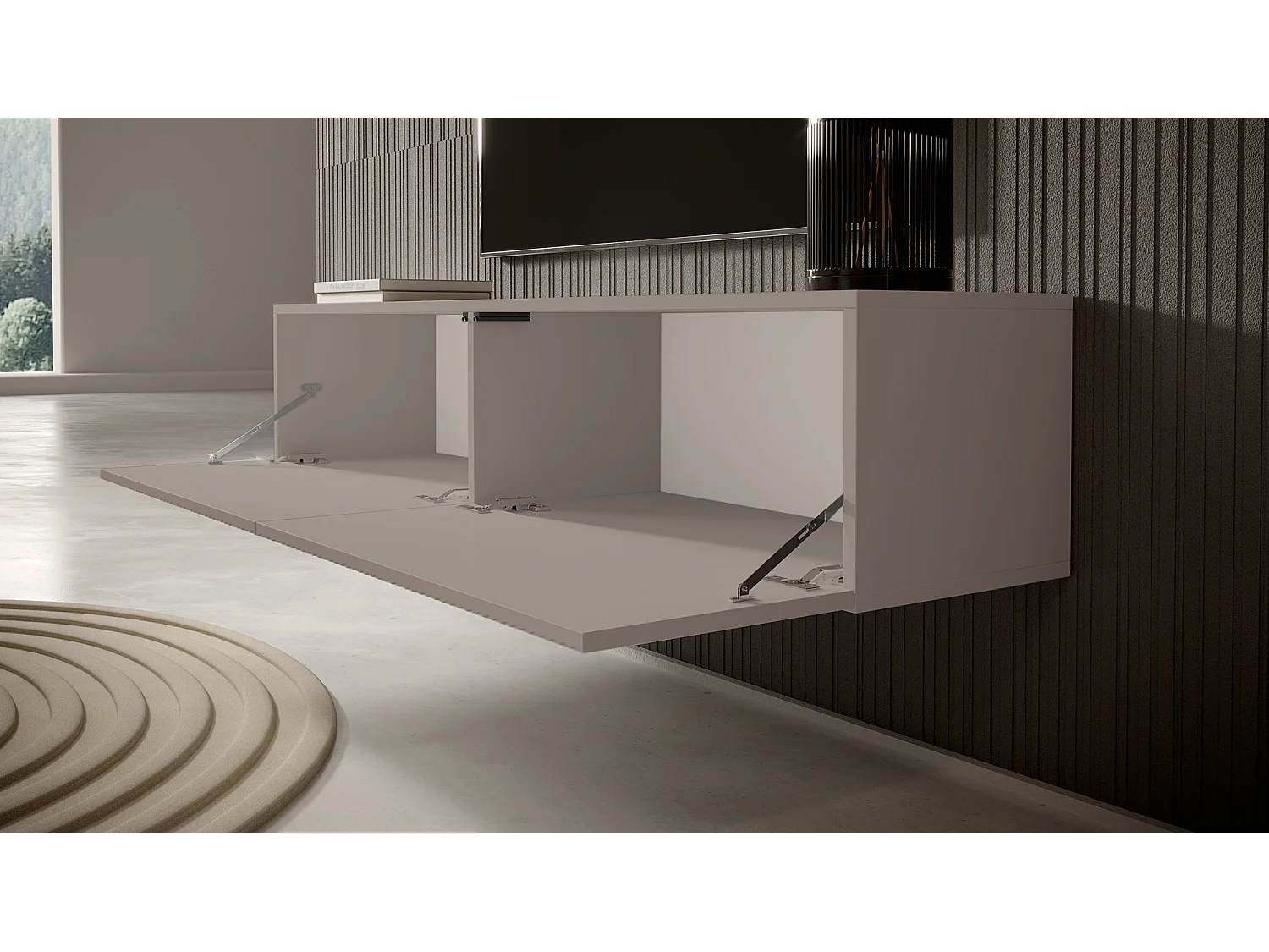 Meuble TV suspendu - 175 cm - gris-beige avec façade fraisée - VELDIO
