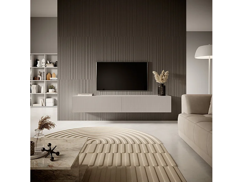 Meuble TV suspendu - 175 cm - gris-beige avec façade fraisée - VELDIO