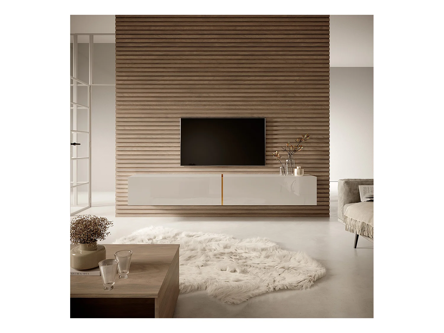 Meuble TV - 200 cm - taupe (gris-beige) avec insert doré - BISIRA