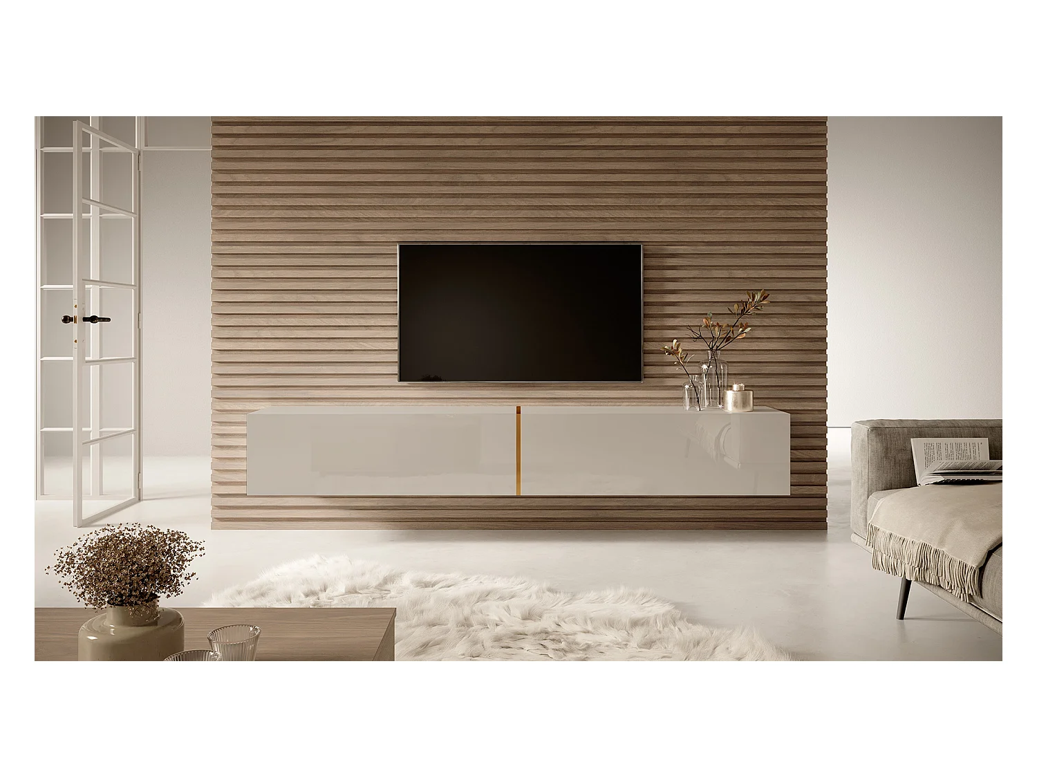 Meuble TV - 200 cm - taupe (gris-beige) avec insert doré - BISIRA