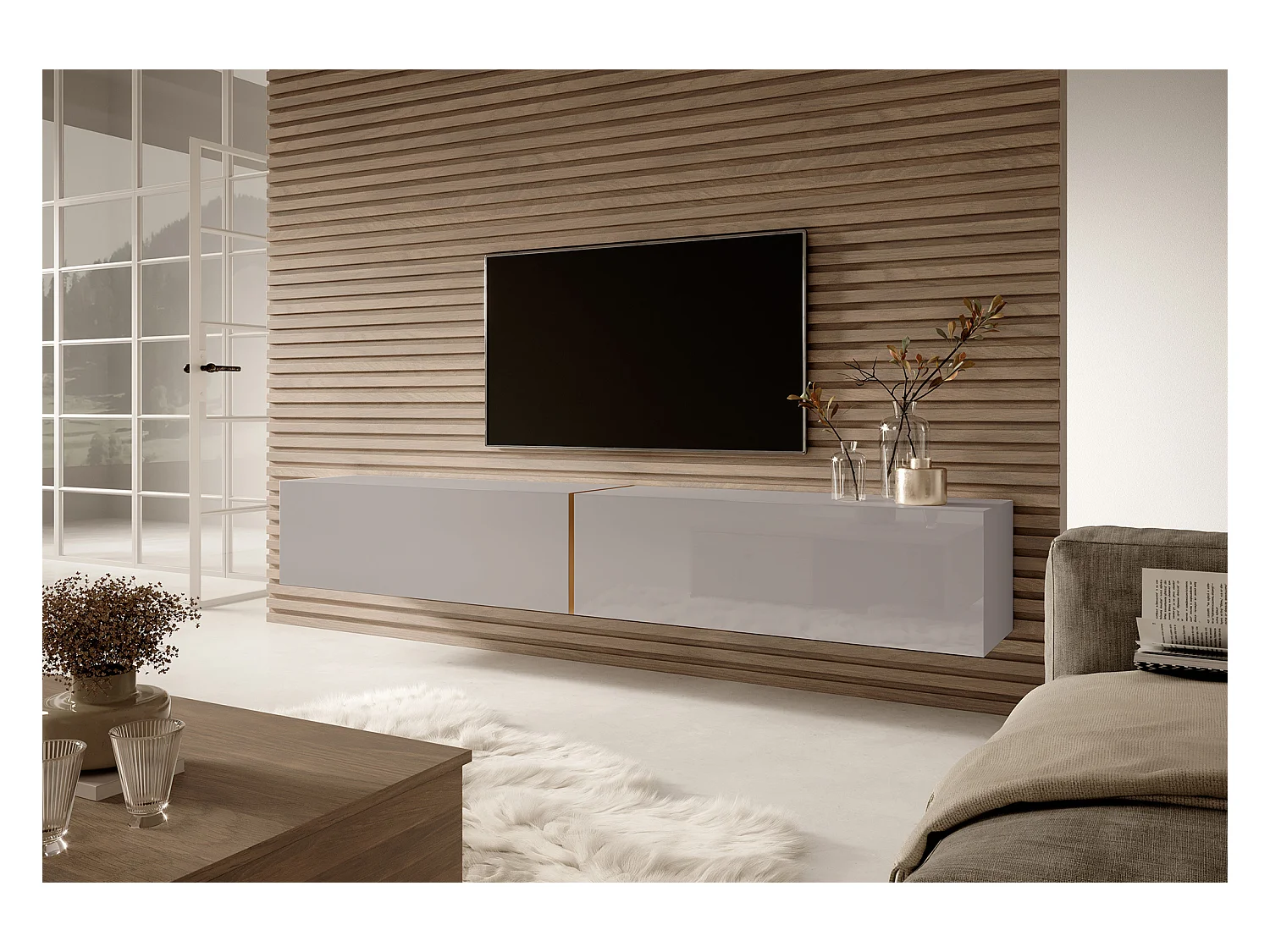 Meuble TV - 200 cm - taupe (gris-beige) avec insert doré - BISIRA