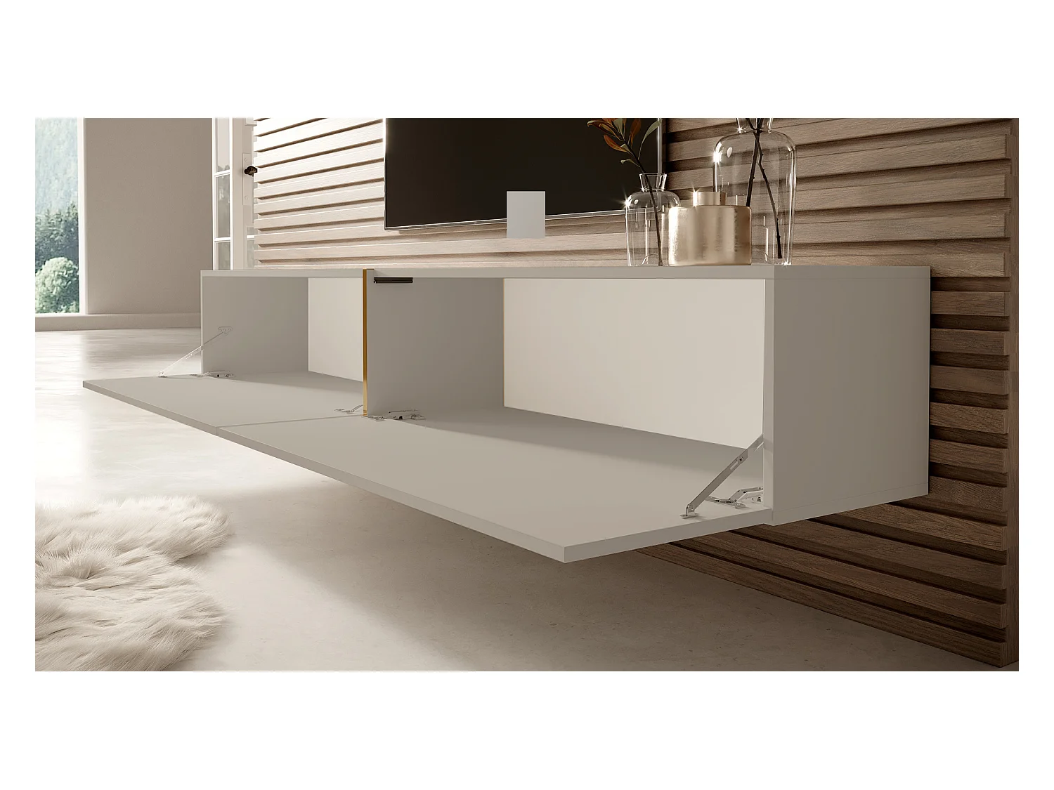 Meuble TV - 200 cm - taupe (gris-beige) avec insert doré - BISIRA