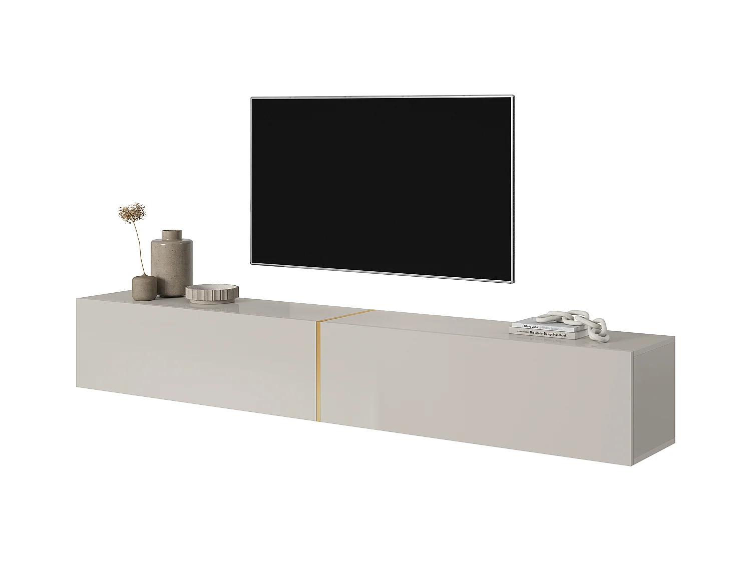 Meuble TV - 200 cm - taupe (gris-beige) avec insert doré - BISIRA