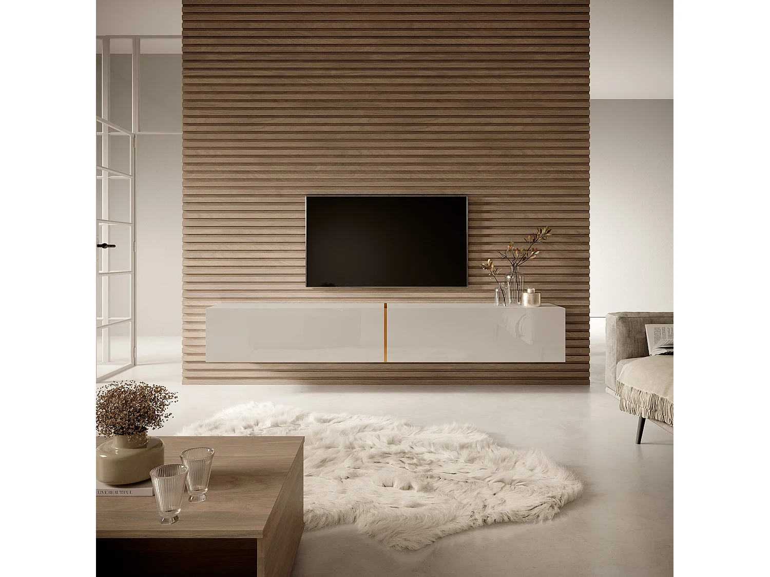 Meuble TV - 200 cm - taupe (gris-beige) avec insert doré - BISIRA
