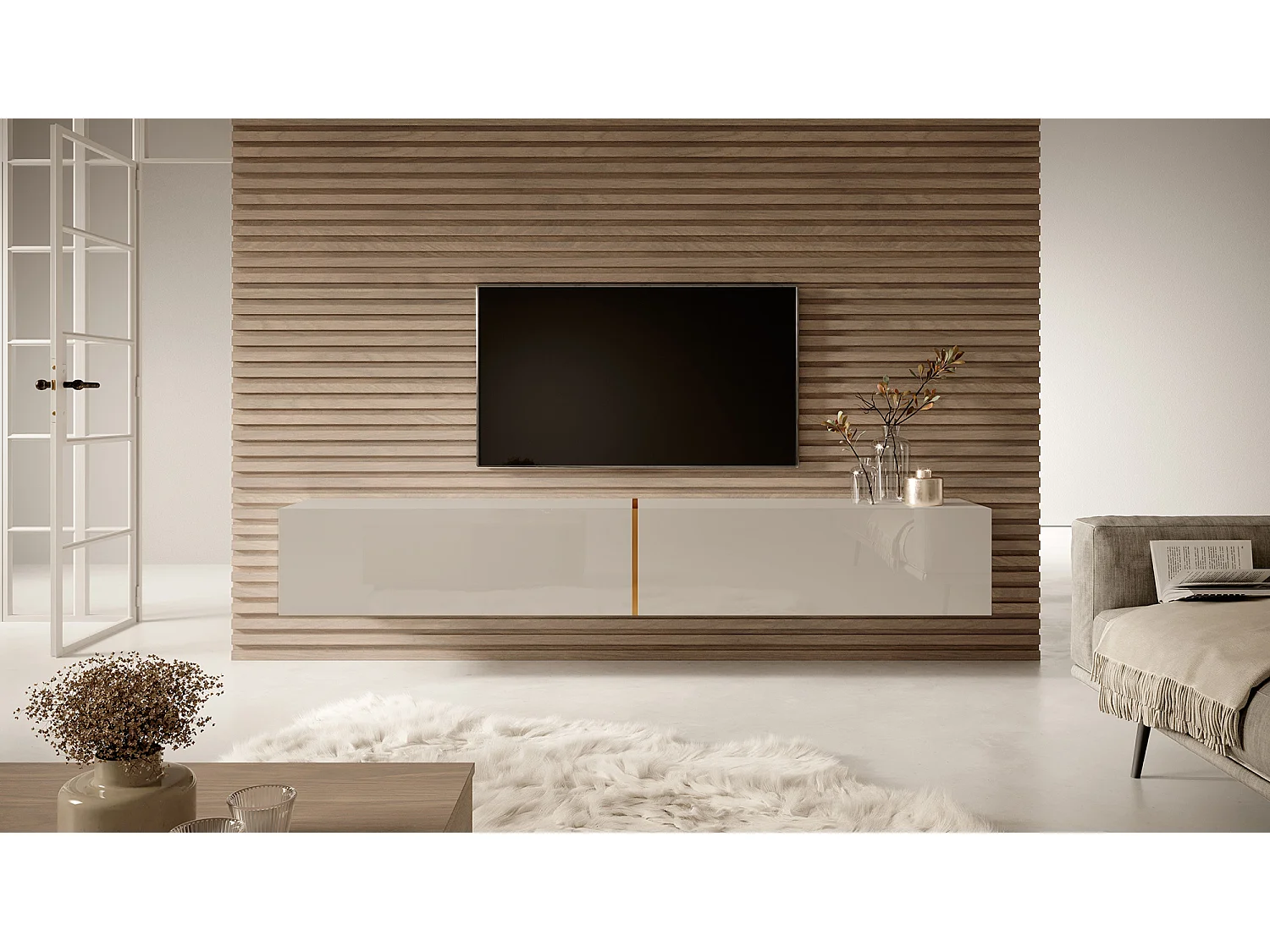 Meuble TV - 200 cm - taupe (gris-beige) avec insert doré - BISIRA