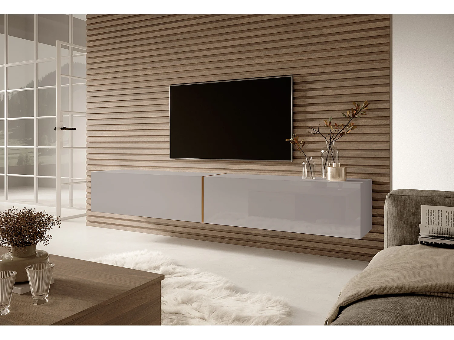 Meuble TV - 200 cm - taupe (gris-beige) avec insert doré - BISIRA
