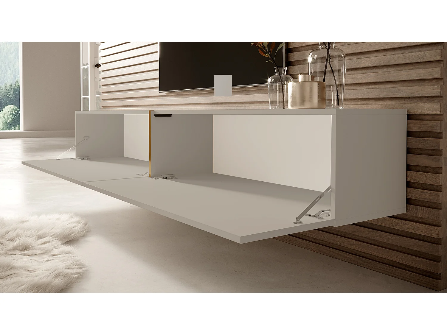 Meuble TV - 200 cm - taupe (gris-beige) avec insert doré - BISIRA