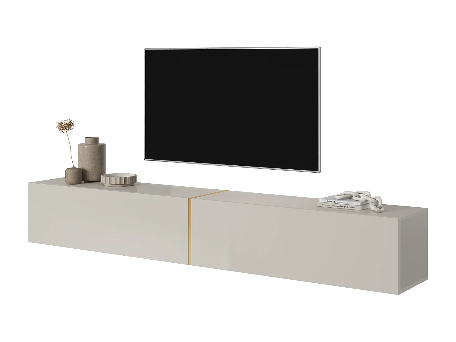 Meuble TV - 200 cm - taupe (gris-beige) avec insert doré - BISIRA