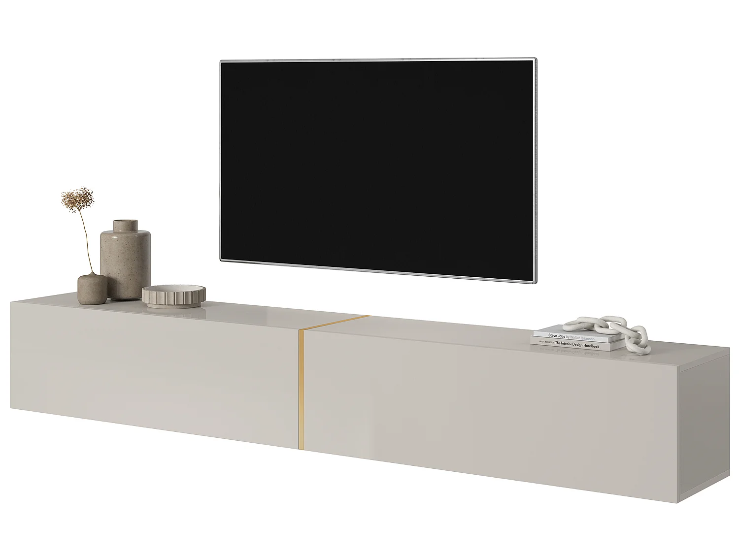 Meuble TV - 200 cm - taupe (gris-beige) avec insert doré - BISIRA