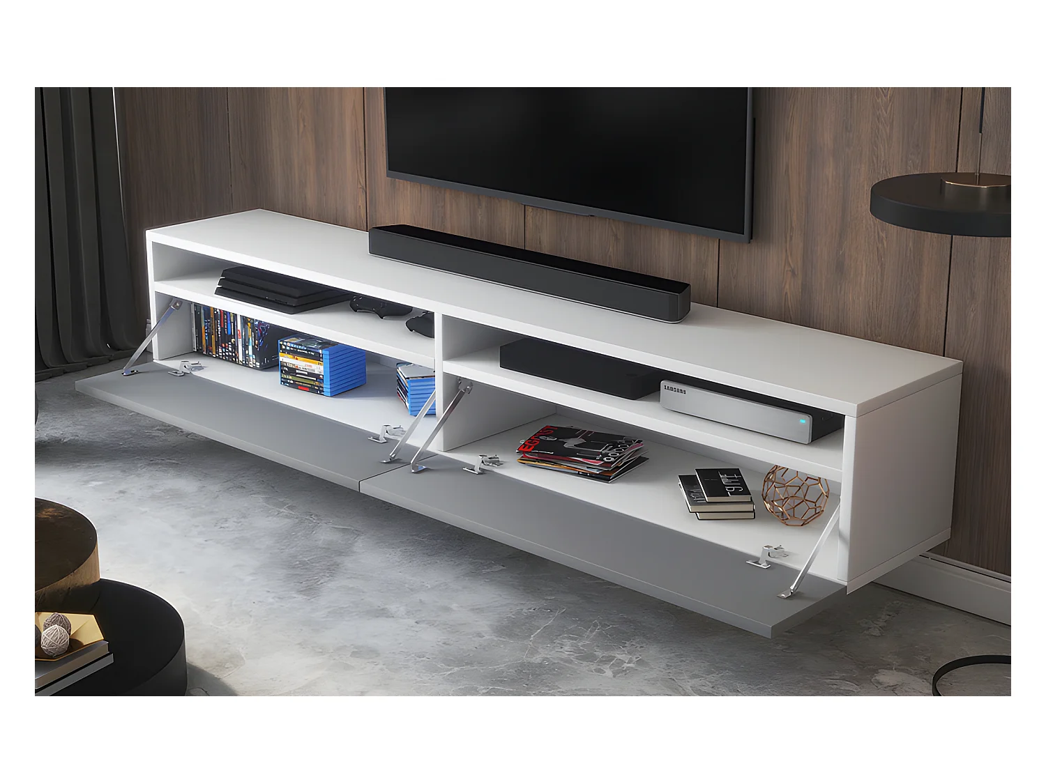 TV-Schrank / TV-Board stehend / hängend, 180 cm breit (Weiß Matt / Grau Hochglanz ohne LED) - Rednaw