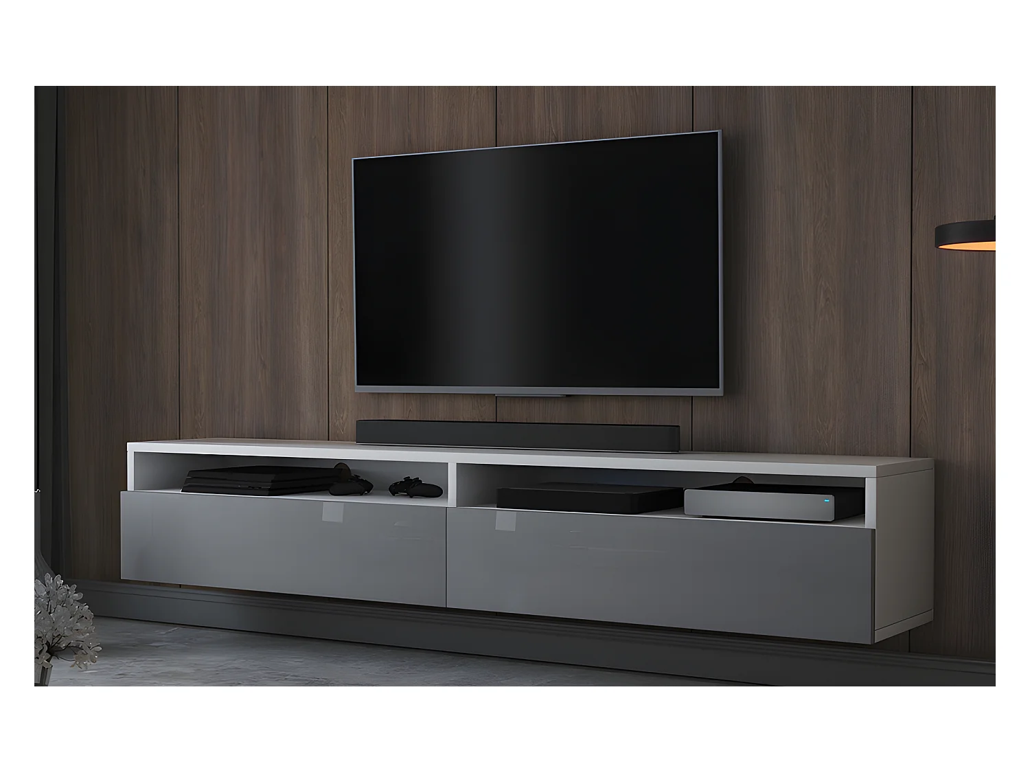Meuble TV - 180 cm - blanc mat / gris brillant - 2 niches ouvertes - avec 2 tiroirs - REDNAW