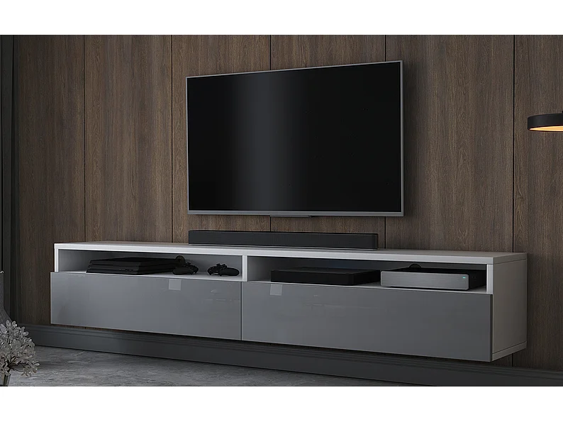 TV-meubel - 180 cm - mat wit / glanzend grijs - 2 open nissen - met 2 lades - REDNAW